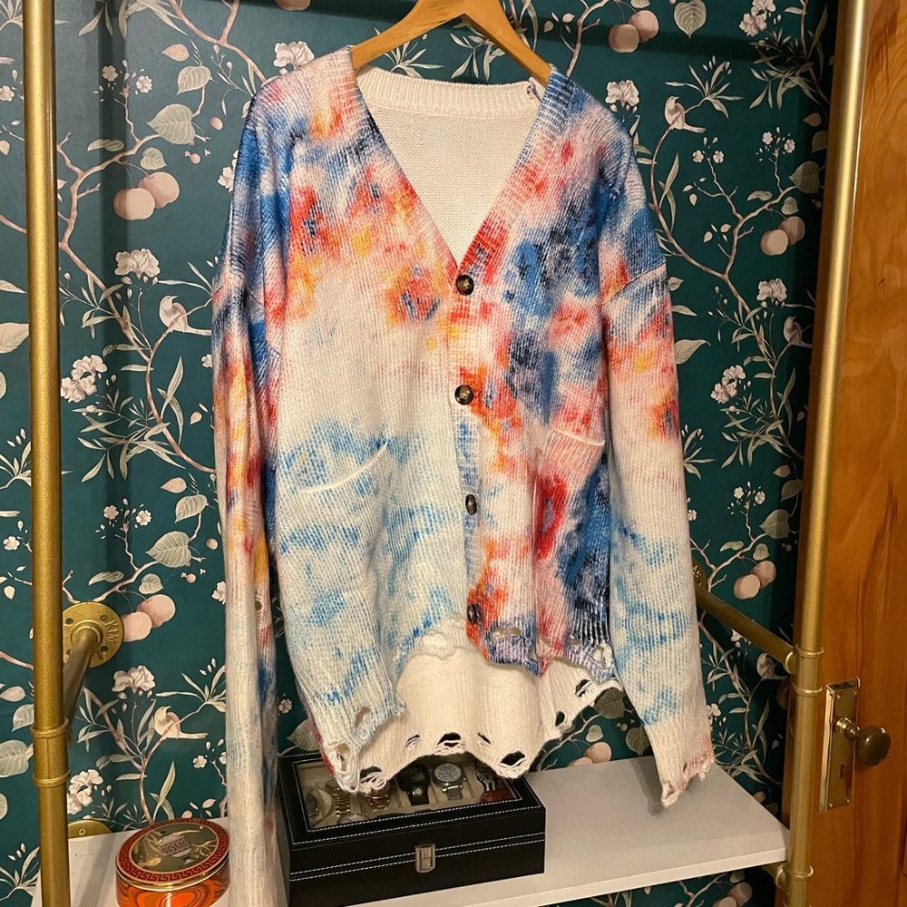 MNML tie dye style cardigan sweater with purposeful tatters